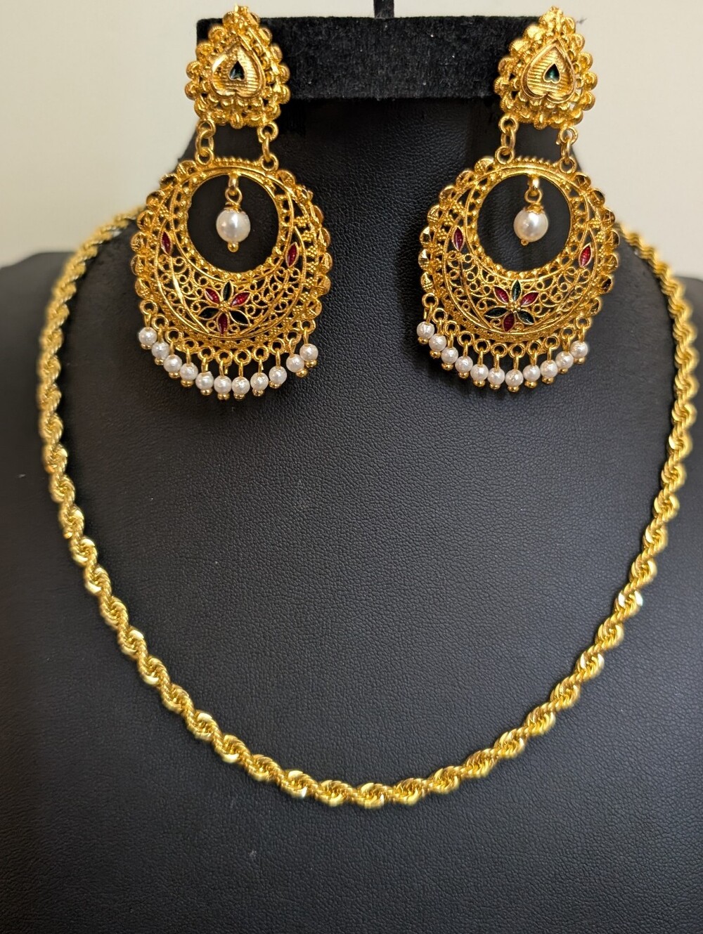 Vintage Yellow Gold Tone Rope Necklace & Filigree Pearl Drop Earrings